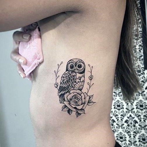 Womens Torso Owl And Rose Tattoo