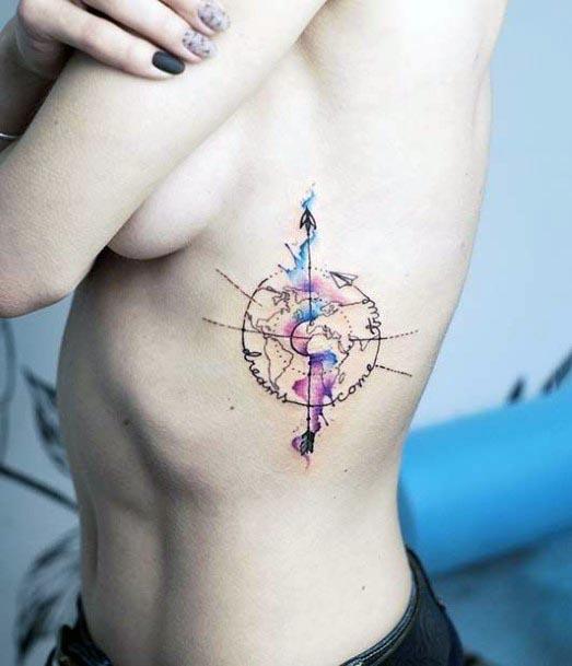Womens Torso Purple Splash And Compass Tattoo