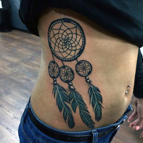 Womens Torso Three Feathered Dream Catcher Tattoo