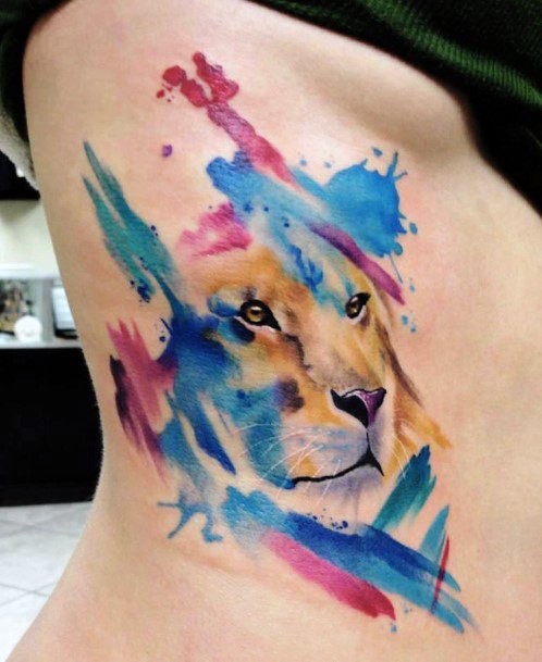 Womens Torso Water Color Lion Tattoo