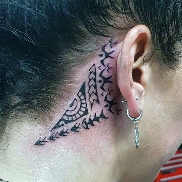 Womens Traditional Black Art Tattoo Behind The Ears