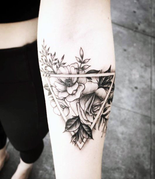 Womens Triangular Framed Flowers Tattoo Geometric