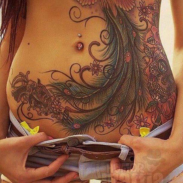 Womens Tummy Cool Peacock Feather Tattoo