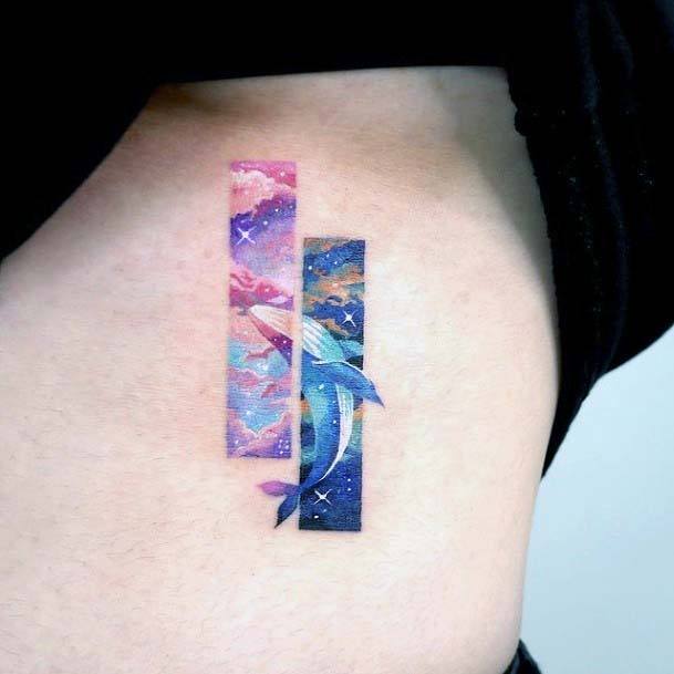 Womens Two Toned Rectangular Galaxy And Ocean Frame Tattoo Small Cute Art