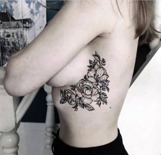 Womens Underboob Black Blossom Tattoo