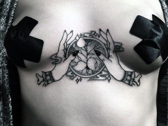 Womens Underboob Hand Holding Glove Tattoo