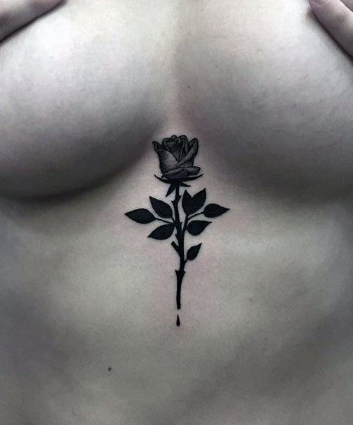 Womens Underboob Single Black Rose Tattoo