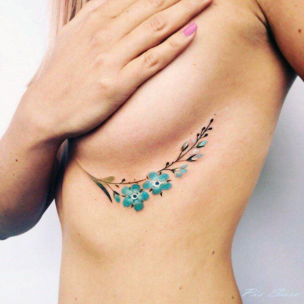 Womens Underboob Turquoise Flowers Tattoo