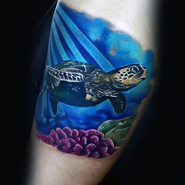 Womens Underwater 3D Turtle Tattoo