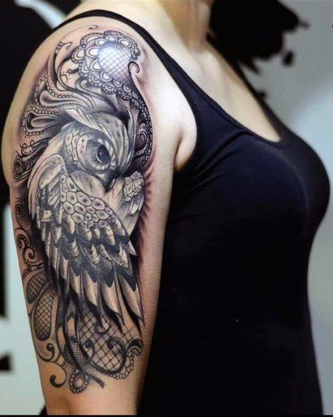 Womens Upper Arm Black Owl Tattoo