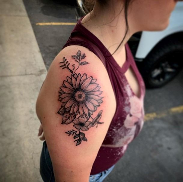 Womens Upper Arm Black Tattoo Sunflower