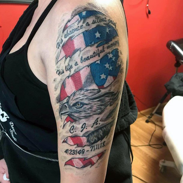 Womens Upper Arm Tattoo American Flag Lettering Eagle