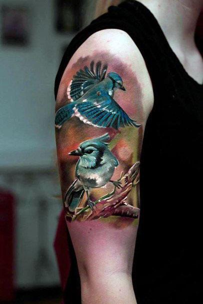 Womens Upper Arms 3D Birds Tattoo