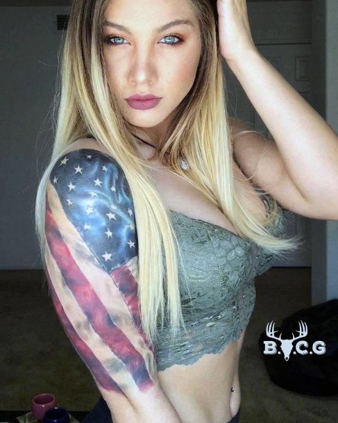 Womens Upper Arms American Flag Tattoo