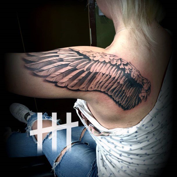 Womens Upper Arms Black Angel Wings Tattoo