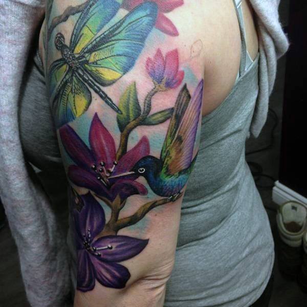 Womens Upper Arms Bright Flowers And Hummingbirds Tattoo