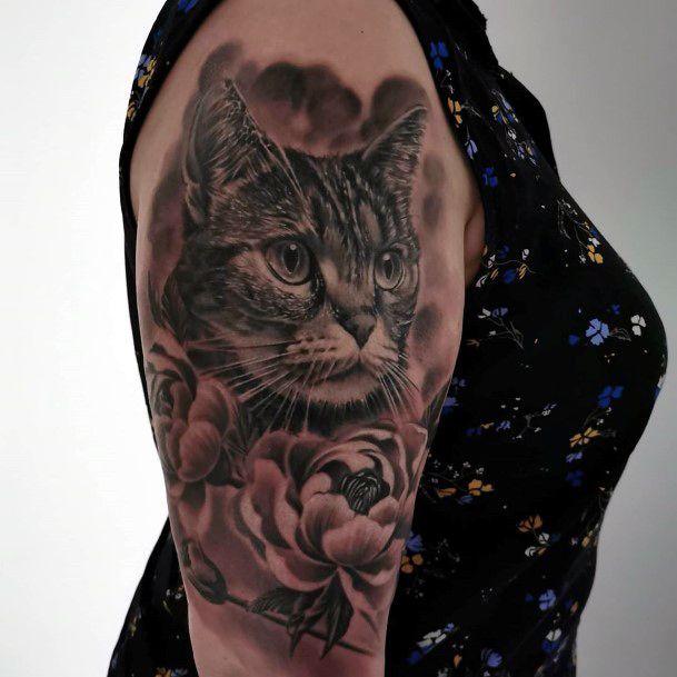 Womens Upper Arms Cat Tattoo With Rose