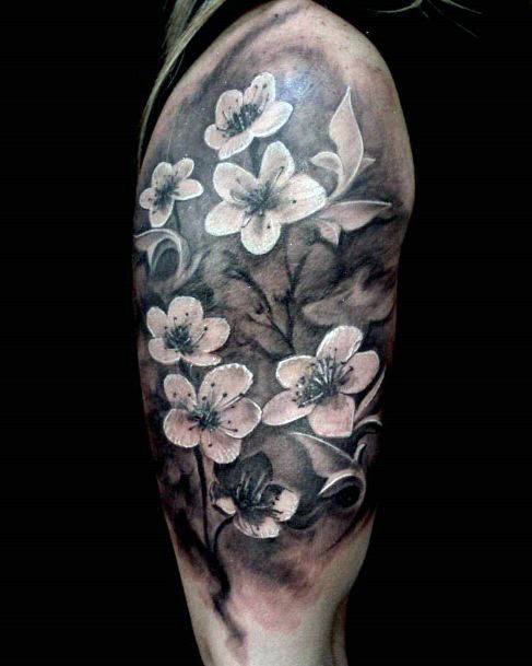 Womens Upper Arms Lovely Grey Black Cherry Blossom Tattoo Art