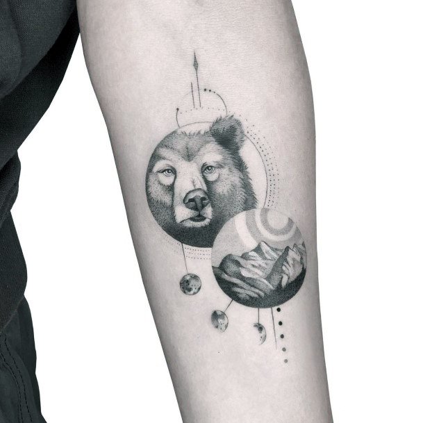 Womens Upper Arms Moon And Bear Tattoo