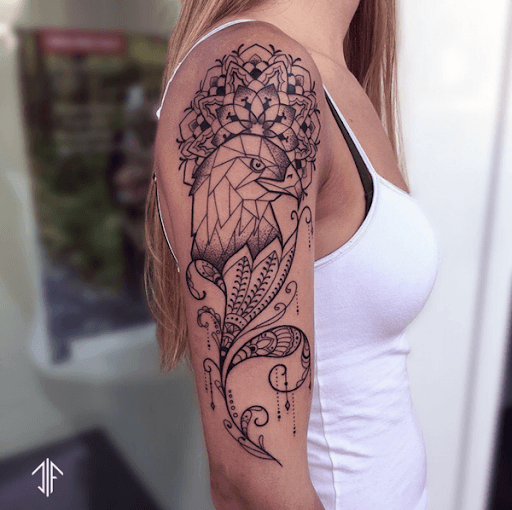 Womens Upper Arms Parrot Geometric Tattoo