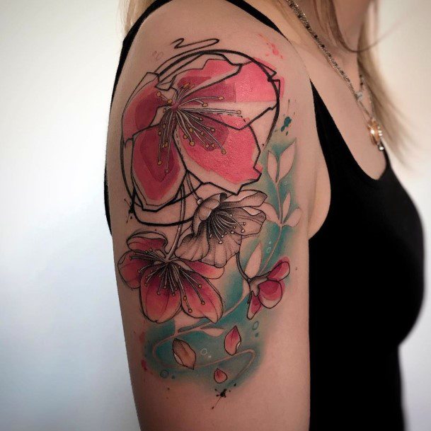 Womens Upper Arms Red And Green Cherry Blossom Tattoo