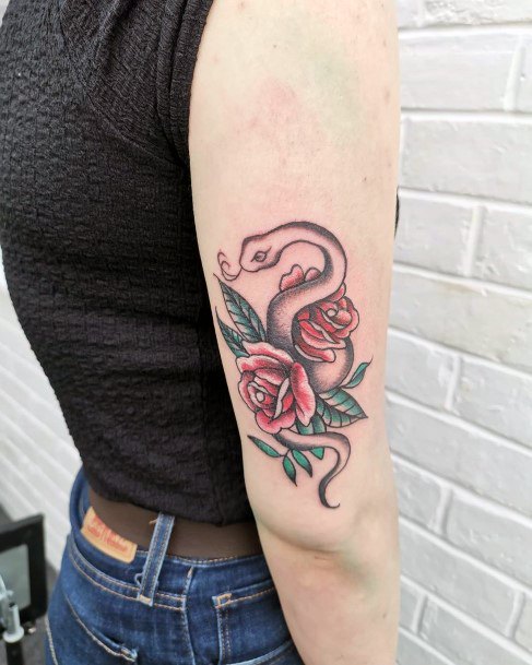 Womens Upper Arms Red Rose And Snake Tattoo