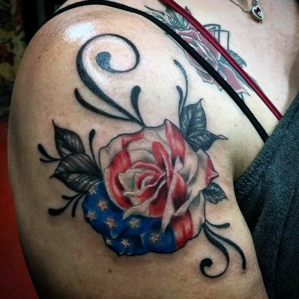 Womens Upper Arms Rose American Flag Tattoo Art