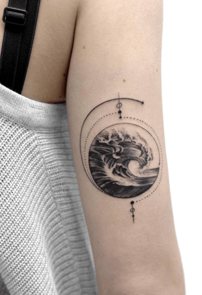 Womens Upper Arms Waves In Globe Tattoo