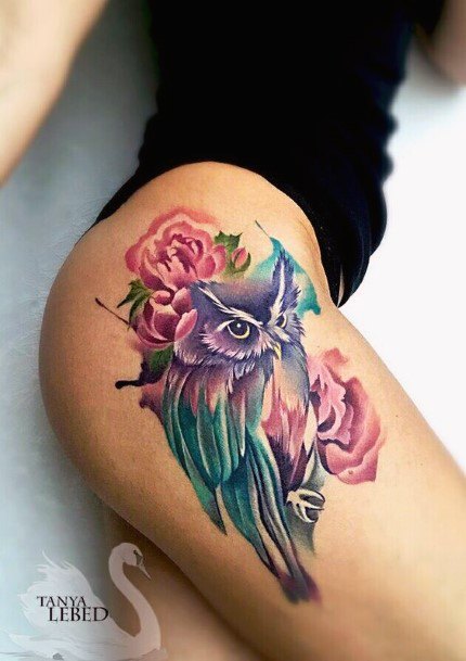 Womens Upper Thighs Pastel Toned Owl Tattoos