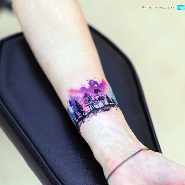Womens Watercolor Forest Trees Tattoo Forearms