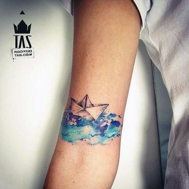 Womens Watercolor Paper Boat Waves Tattoo Hand