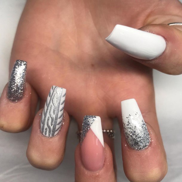 Womens White And Silver Girly Nail Designs