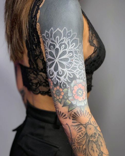 Womens White Ink Design Flower Tattoo Upper Arms