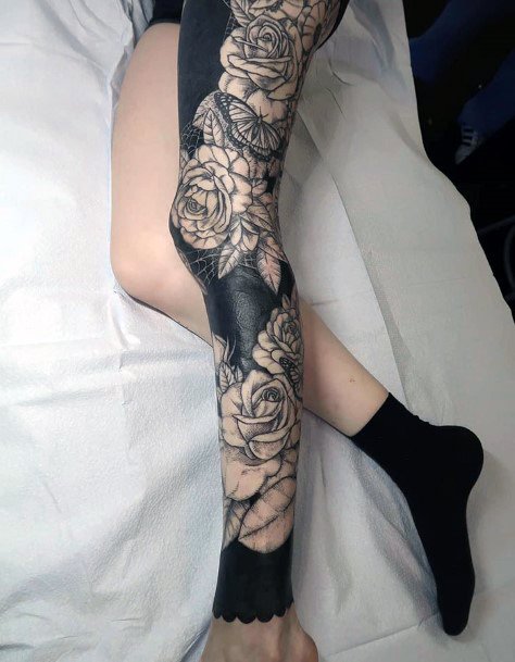 Womens White Rose And Black Tattoo Legs