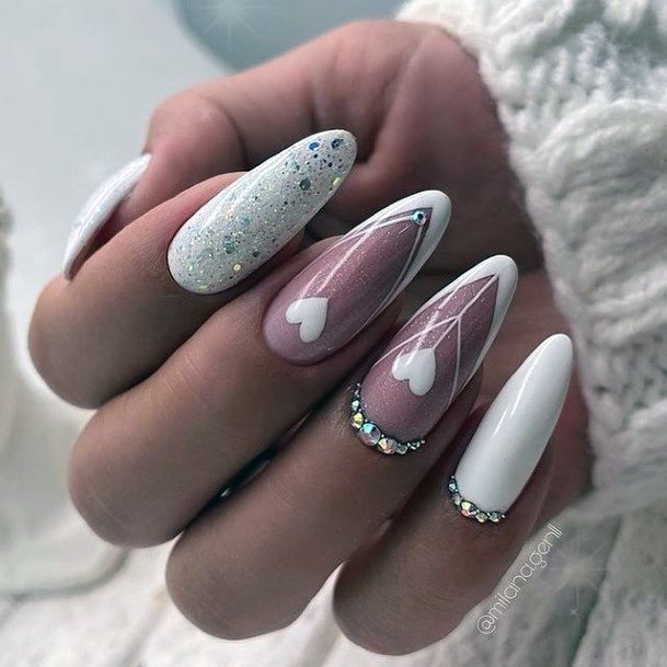 Womens White With Rhinestones Nails