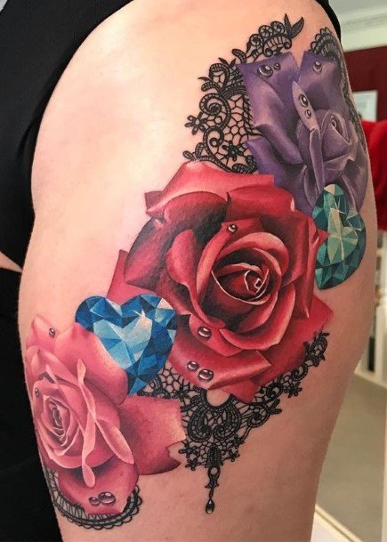 Womens Wild Red Rose And Heart Tattoo