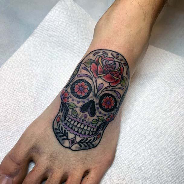 Womens Wine Red And Black Skull Tattoo Foot