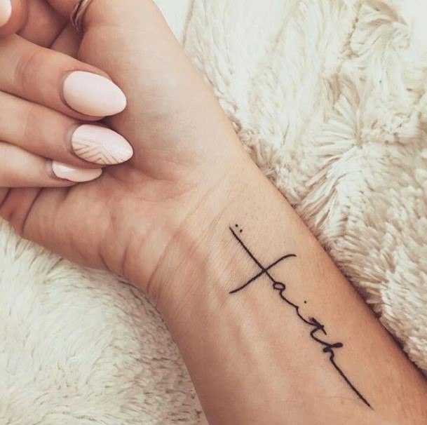 Womens Wrist Cursive Cross Tattoo