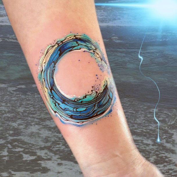 Womens Wrist Curved Fresh Blue Wave Tattoo