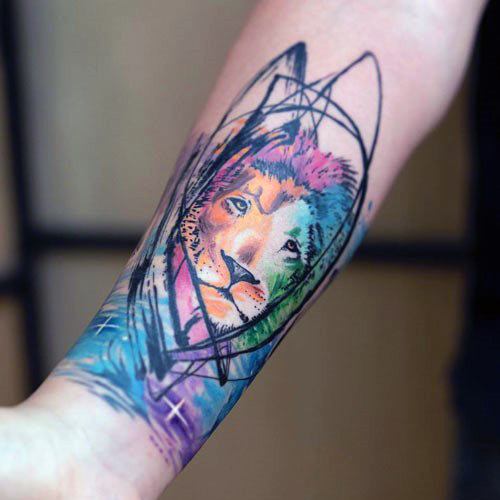 Womens Wrist Modern Art Lion Tattoo Colorful