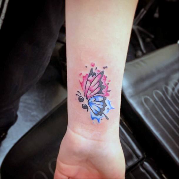 Womens Wrist Pink And Blue Butterfly With Semi Colon