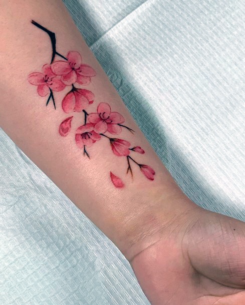 Womens Wrists Light Red Cherry Blossoms Tattoo