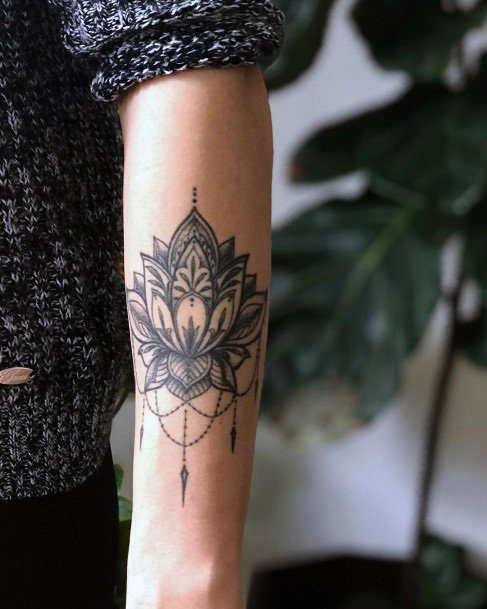 Womens Wrists Lotus Flower Black Tattoo