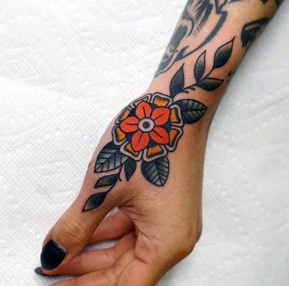 Womens Wrists Red Flower Traditional Tattoo