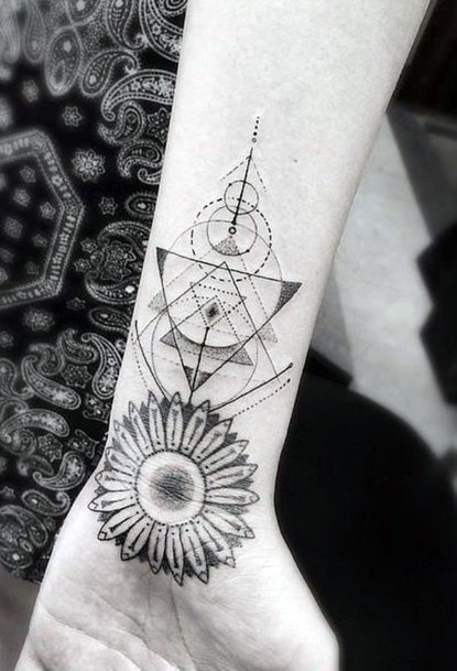 Womens Wrists Sunflower And Geometric Design Tattoo