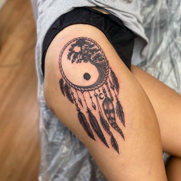 Womens Yin Yang Dream Catcher Tattoo On Legs