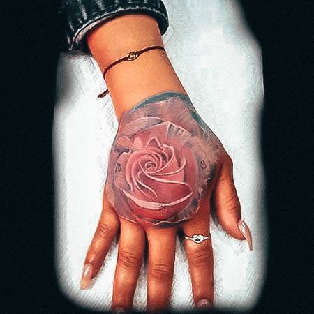 Wonderful Body Art Rose Hand Tattoo For Women Realistic Pink