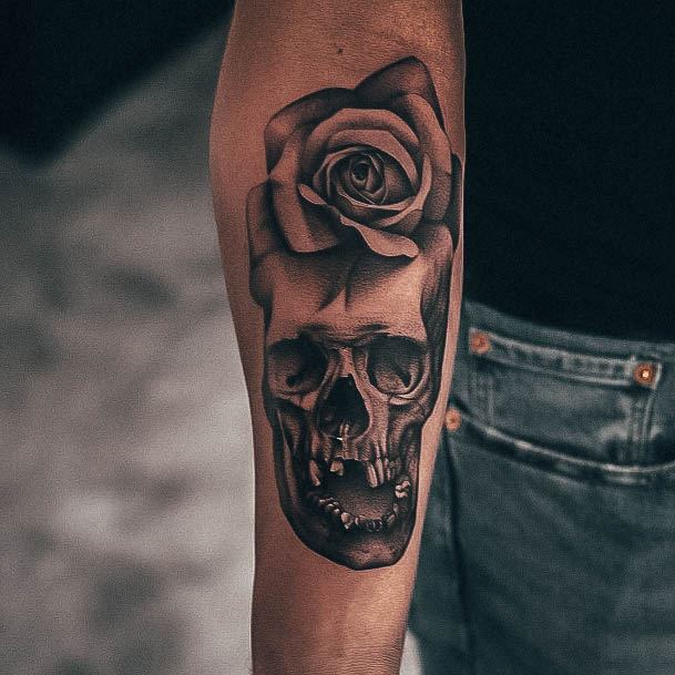 Wonderful Body Art Skull And Rose Tattoo For Women