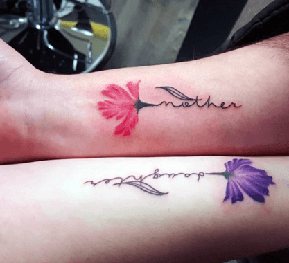 Wonderful Flower Mother Daughter Tattoo Forearms