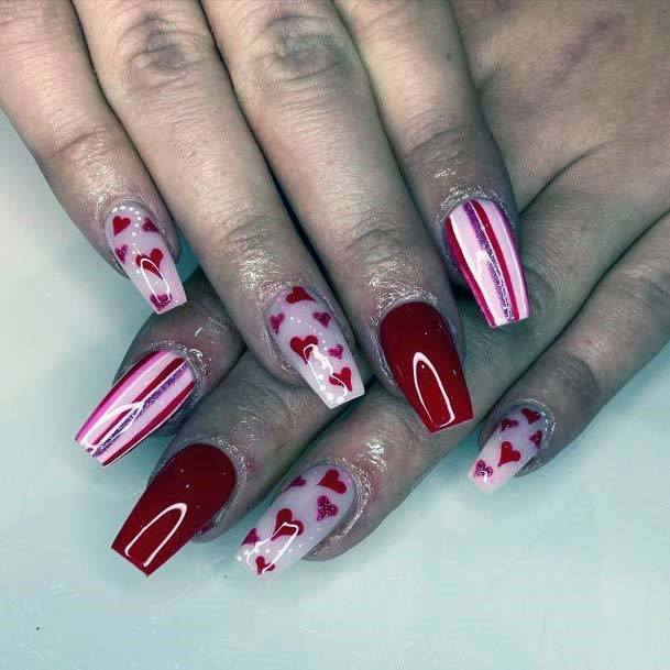 Wonderful Red And Pink Nails Heart Art For Women